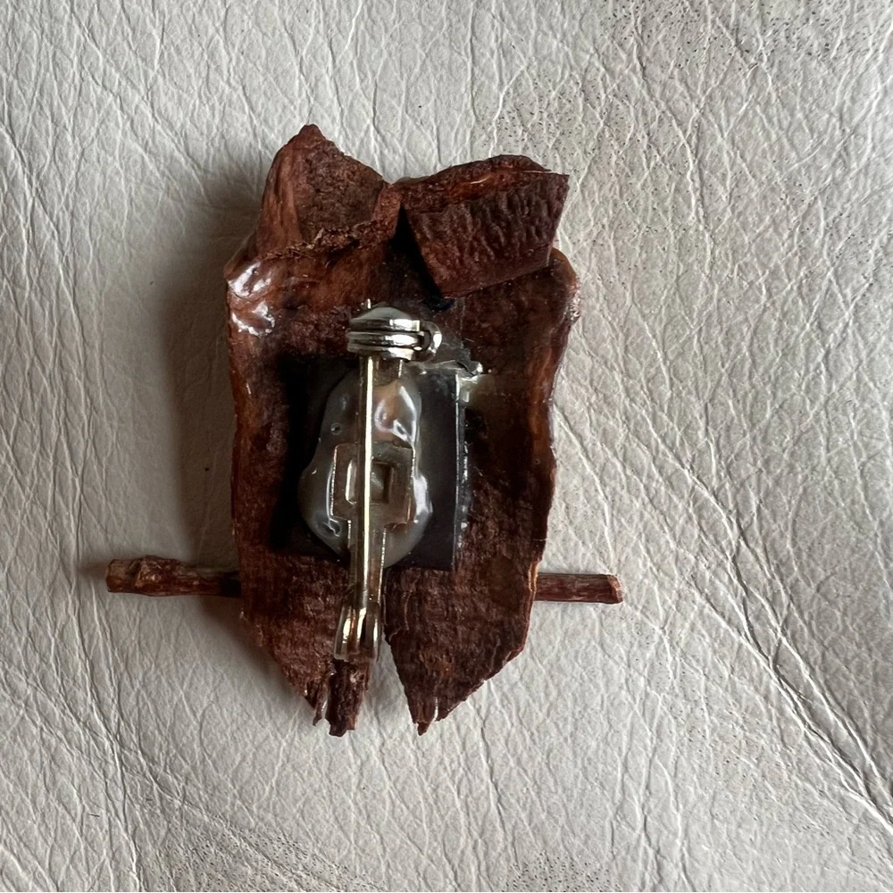 Handcrafted Wood and Shell Owl Pin with Googley Eyes